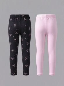 SHEIN 2件組女童緊身褲，粉黑灰條紋蝴蝶結花朵愛心圖案，簡約休閒舒適柔軟，春夏秋適用 - 彩色 - 查看 9