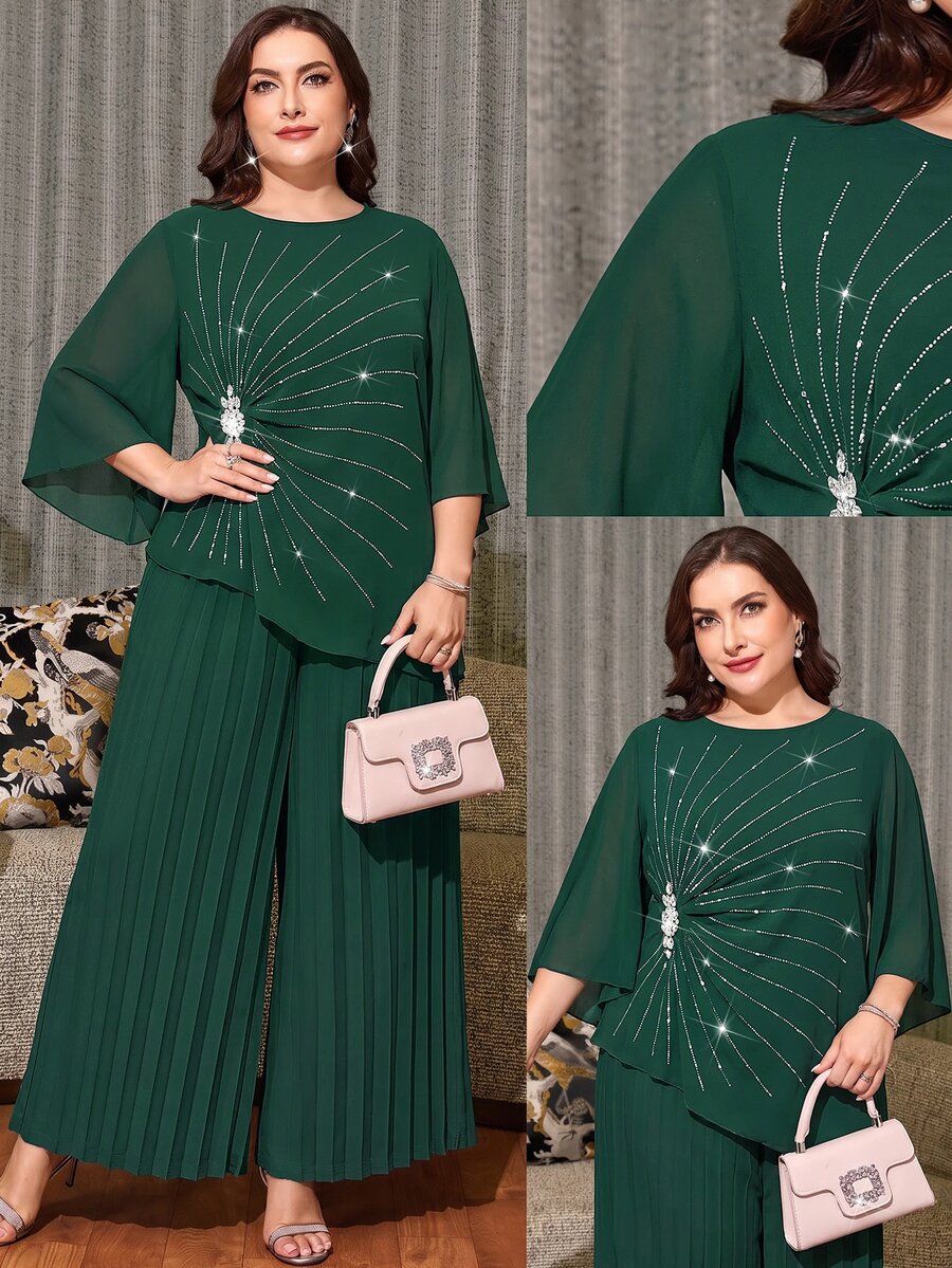Reflora Plus Size Women Rhinestone Round Neck Flare Sleeve Blouse And Pleated Wide Leg Pants Casual 2 Pieces Set Christmas