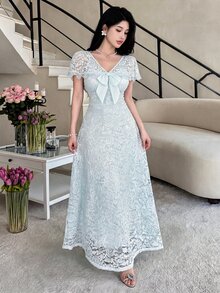 Feyla Women's Elegant Romantic Light Blue Floral Lace Maxi Dress V Neck Ruffle Flutter Sleeve Bow Detail Gown For Summer Party Date Dinner Wedding Wedding - Aqua Blue - View 2