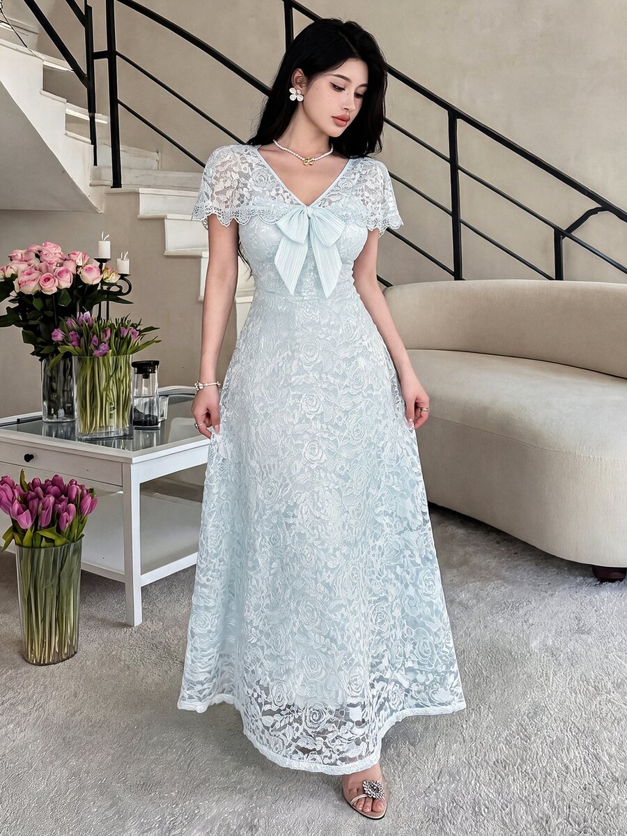 Feyla Women's Elegant Romantic Light Blue Floral Lace Maxi Dress V Neck Ruffle Flutter Sleeve Bow Detail Gown For Summer Party Date Dinner Wedding Wedding