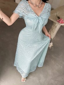 Feyla Women's Elegant Romantic Light Blue Floral Lace Maxi Dress V Neck Ruffle Flutter Sleeve Bow Detail Gown For Summer Party Date Dinner Wedding Wedding - Aqua Blue - View 5