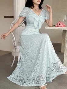 Feyla Women's Elegant Romantic Light Blue Floral Lace Maxi Dress V Neck Ruffle Flutter Sleeve Bow Detail Gown For Summer Party Date Dinner Wedding Wedding - Aqua Blue - View 6