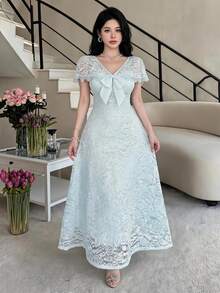 Feyla Women's Elegant Romantic Light Blue Floral Lace Maxi Dress V Neck Ruffle Flutter Sleeve Bow Detail Gown For Summer Party Date Dinner Wedding Wedding - Aqua Blue - View 3