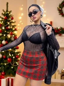 SHEIN EZwear Plus Size Women's Plaid Side Slit Hem Casual Skort Christmas - Multicolor - View 7