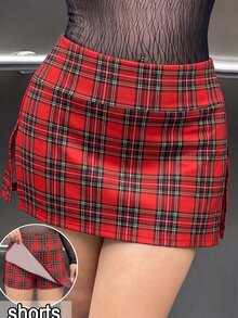 SHEIN EZwear Plus Size Women's Plaid Side Slit Hem Casual Skort Christmas - Multicolor - View 1