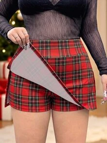 SHEIN EZwear Plus Size Women's Plaid Side Slit Hem Casual Skort Christmas - Multicolor - View 6