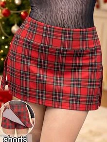 SHEIN EZwear Plus Size Women's Plaid Side Slit Hem Casual Skort Christmas - Multicolor - View 3