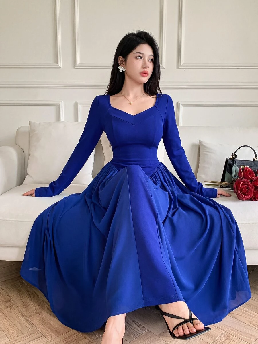 Feyla 優雅純色A字版心形領長袖女款洋裝 - 藍色 - 查看 1