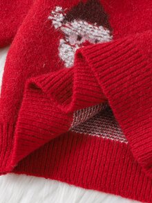SHEIN كنزة صوفية محبوكة بنمط بابا نويل للأولاد الصغار، ناعمة، بياقة دائرية، أكمام طويلة، متعددة الاستخدامات ومريحة - الأحمر - مشاهدة 8