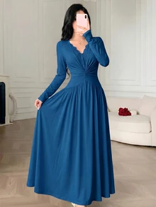 Feyla New V-Neck Lace Patchwork Long Sleeve High-Quality Waist Cinching Maxi Dress - Teal Blue - View 4