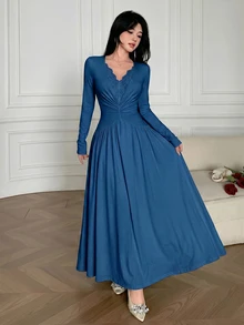 Feyla New V-Neck Lace Patchwork Long Sleeve High-Quality Waist Cinching Maxi Dress - Teal Blue - View 6