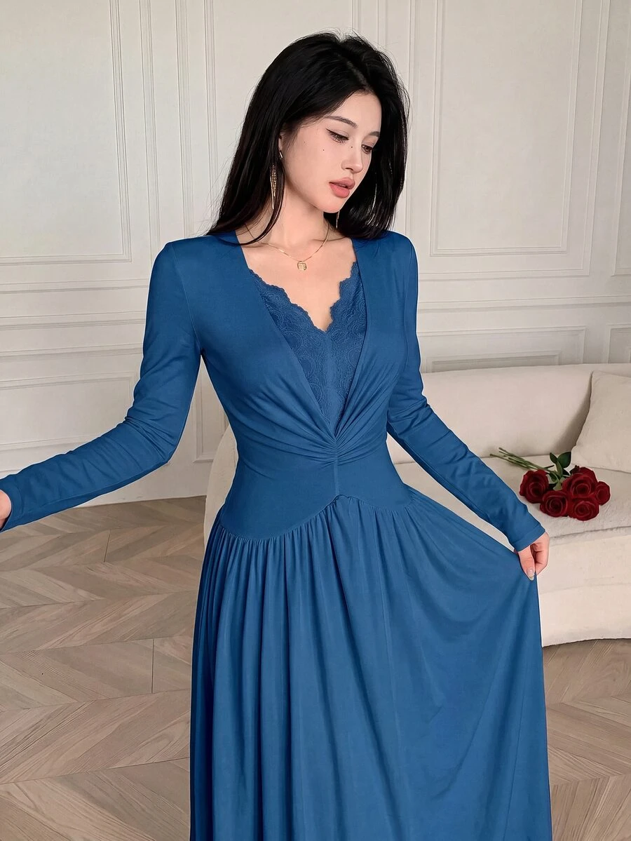 Feyla New V-Neck Lace Patchwork Long Sleeve High-Quality Waist Cinching Maxi Dress