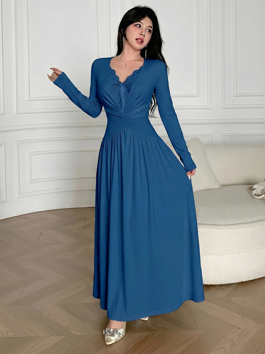 Feyla V-Neck Lace Patchwork Long Sleeve Waist Cinching Maxi Dress Dinner Party Date Night Slate Blue Fall Elegant
