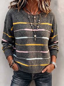 SHEIN Women's Colorblock Striped Round Neck Casual Versatile Knit Long Sleeve Loose Pullover Sweater, Suitable For Autumn/Winter Wear. - Grey - View 2