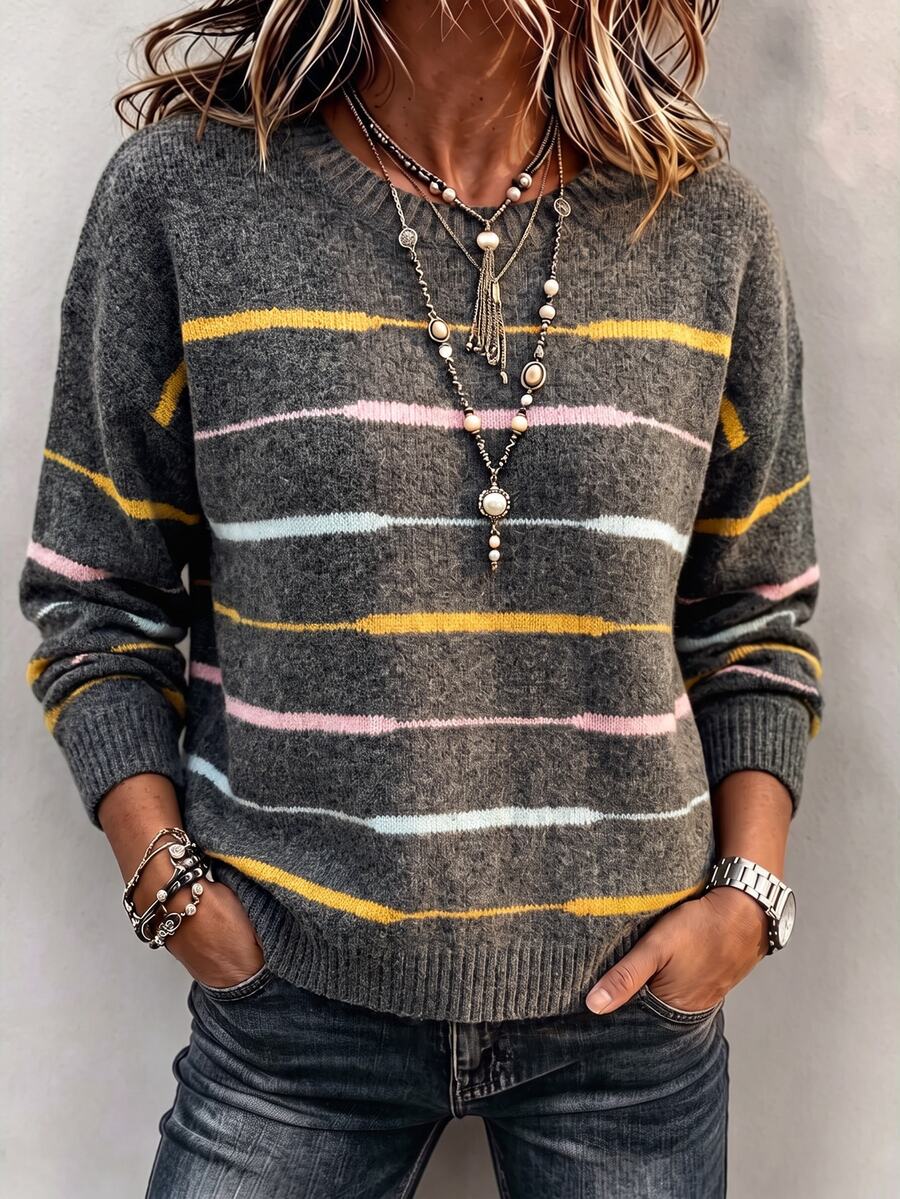 SHEIN Women's Colorblock Striped Round Neck Casual Versatile Knit Long Sleeve Loose Pullover Sweater, Suitable For Autumn/Winter Wear.