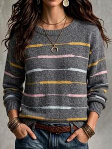 SHEIN Women's Colorblock Striped Round Neck Casual Versatile Knit Long Sleeve Loose Pullover Sweater, Suitable For Autumn/Winter Wear. - Grey - View 4