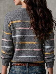 SHEIN Women's Colorblock Striped Round Neck Casual Versatile Knit Long Sleeve Loose Pullover Sweater, Suitable For Autumn/Winter Wear. - Grey - View 5