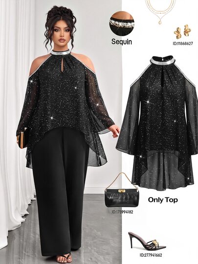 Elenzga Plus Size Women's Autumn/Winter Black Shiny Silver Foil Halter Neck Sequin Patchwork Flare Sleeve Long Sleeve Cold Shoulder Pullover Blouse, Suitable For Party, Gathering, Shopping, Commuting And Daily Wear