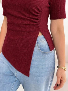 Shapeblank Plus Size Women's Summer Fashion Casual Elastic Soft Warm Comfortable Daily All-Match Slimming Brushed Fabric Short Sleeve Ruched Waist Top Khaki - Burgundy - View 5