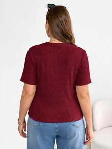Shapeblank Plus Size Women's Summer Fashion Casual Elastic Soft Warm Comfortable Daily All-Match Slimming Brushed Fabric Short Sleeve Ruched Waist Top Khaki - Burgundy - View 2