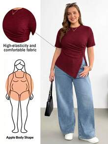 Shapeblank Plus Size Women's Summer Fashion Casual Elastic Soft Warm Comfortable Daily All-Match Slimming Brushed Fabric Short Sleeve Ruched Waist Top Khaki - Burgundy - View 1