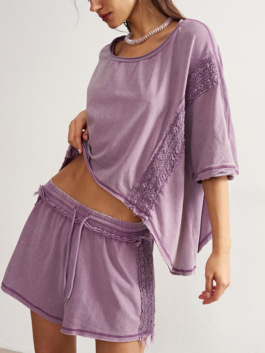Bohemela Women's Contrast Lace Drop Shoulder Sleeve T-Shirt And Shorts Casual 2 Pieces Set - Purple - View 1