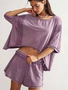 Bohemela Women's Contrast Lace Drop Shoulder Sleeve T-Shirt And Shorts Casual 2 Pieces Set - Purple - View 3