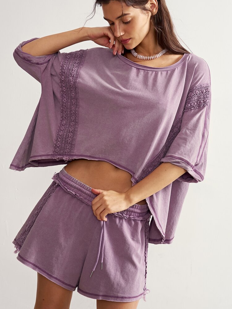 Bohemela Women's Contrast Lace Drop Shoulder Sleeve T-Shirt And Shorts Casual 2 Pieces Set - Purple - View 3