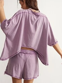 Bohemela Women's Contrast Lace Drop Shoulder Sleeve T-Shirt And Shorts Casual 2 Pieces Set - Purple - View 7