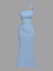 Skyraze SHEIN X Hannahelzahed Blue Brooch Decor Asymmetric Neck Ruched Fishtail Dress - Sky Blue - View 3