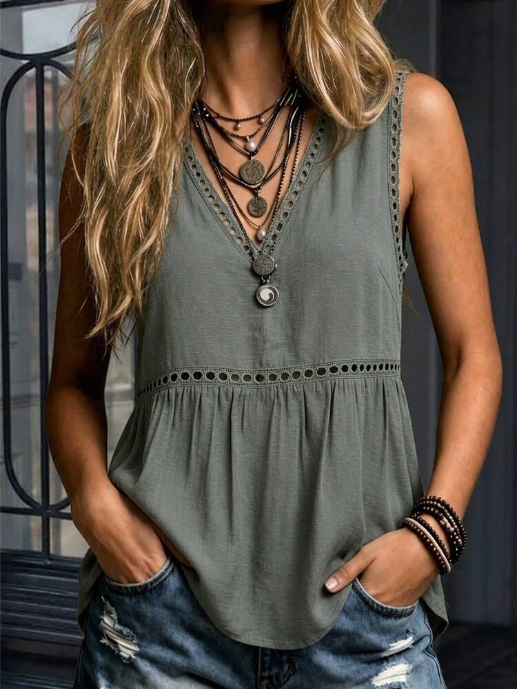 LanaWest Women's Summer Gray Bamboo Fabric V-Neck Sleeveless Tank Top With Collar Ring, Waist Knot, Patchwork Hollow Lace, Ruffled Hem, A-Line Casual Vacation Style, Suitable For Daily Commute And Beach Wear - Grey - View 3