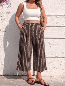 Flirla 大尺碼女款法式休閒波西米亞優雅仿刺繡寬鬆長褲 棕色 夏季 適合辦公正式場合與度假 - 咖啡棕 - 查看 5