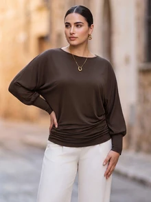 Chikora تي شيرت نسائي مقاس كبير بلون موحد كاجوال للاستخدام اليومي في فصل الخريف - بني - مشاهدة 5