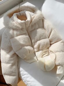 Comfortcana Women's Versatile Elegant Faux Fur Patchwork Hooded Thick Coat - White - View 5