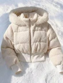 Comfortcana Women's Versatile Elegant Faux Fur Patchwork Hooded Thick Coat - White - View 1