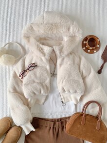 Comfortcana Women's Versatile Elegant Faux Fur Patchwork Hooded Thick Coat - White - View 3