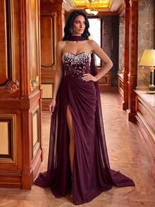 Glamrae Elegant Luxury Sequin Embroidered Sequins Ruched Bodycon Slit Dress With Collar And Flowing Skirt, Formal Evening Gown For Women, Lightweight Mesh Dress - Burgundy - View 1