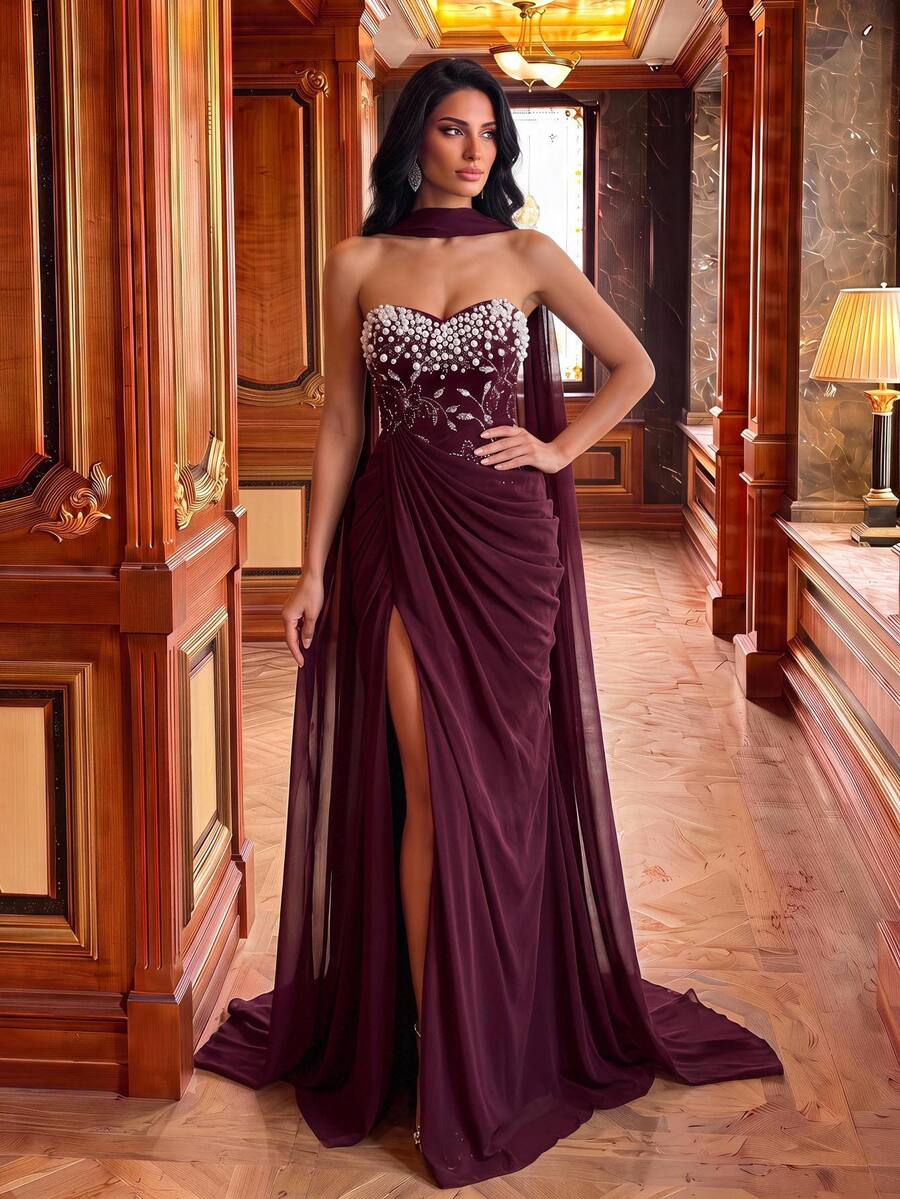 Glamrae Elegant Luxury Sequin Embroidered Sequins Ruched Bodycon Slit Dress With Collar And Flowing Skirt, Formal Evening Gown For Women, Lightweight Mesh Dress - Burgundy - View 1