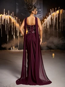 Glamrae Elegant Luxury Sequin Embroidered Sequins Ruched Bodycon Slit Dress With Collar And Flowing Skirt, Formal Evening Gown For Women, Lightweight Mesh Dress - Burgundy - View 3