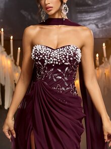 Glamrae Elegant Luxury Sequin Embroidered Sequins Ruched Bodycon Slit Dress With Collar And Flowing Skirt, Formal Evening Gown For Women, Lightweight Mesh Dress - Burgundy - View 6