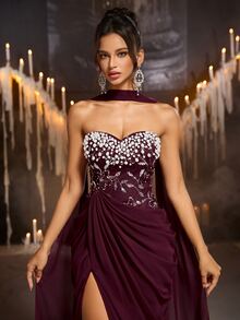 Glamrae Elegant Luxury Sequin Embroidered Sequins Ruched Bodycon Slit Dress With Collar And Flowing Skirt, Formal Evening Gown For Women, Lightweight Mesh Dress - Burgundy - View 4