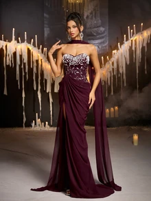 Glamrae Elegant Luxury Sequin Embroidered Sequins Ruched Bodycon Slit Dress With Collar And Flowing Skirt, Formal Evening Gown For Women, Lightweight Mesh Dress - Burgundy - View 5