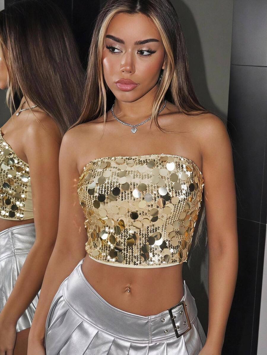 SHEIN ICON Y2K Sparkly Crop Top, Sexy Party Banquet Clubwear - Gold - View 1