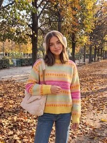 Comfortcana Women's Striped Round Neck Long Sleeve Casual Loose Sweater Winter Clothes 2000s Style Work Tops - Multicolor - View 1