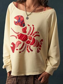 Bohemela Women's Fashion Applique Embroidered Asymmetric Shoulder Long Sleeve Sweatshirt - Pale Yellow - View 5