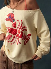 Bohemela Women's Fashion Applique Embroidered Asymmetric Shoulder Long Sleeve Sweatshirt - Pale Yellow - View 2
