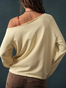 Bohemela Women's Fashion Applique Embroidered Asymmetric Shoulder Long Sleeve Sweatshirt - Pale Yellow - View 3