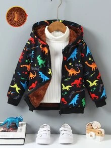 SHEIN Vacaura Young Boy Casual Baby Multi-Color Dinosaur Print Fleece Lined Hooded Jacket, Autumn/Winter - Multicolor - View 4