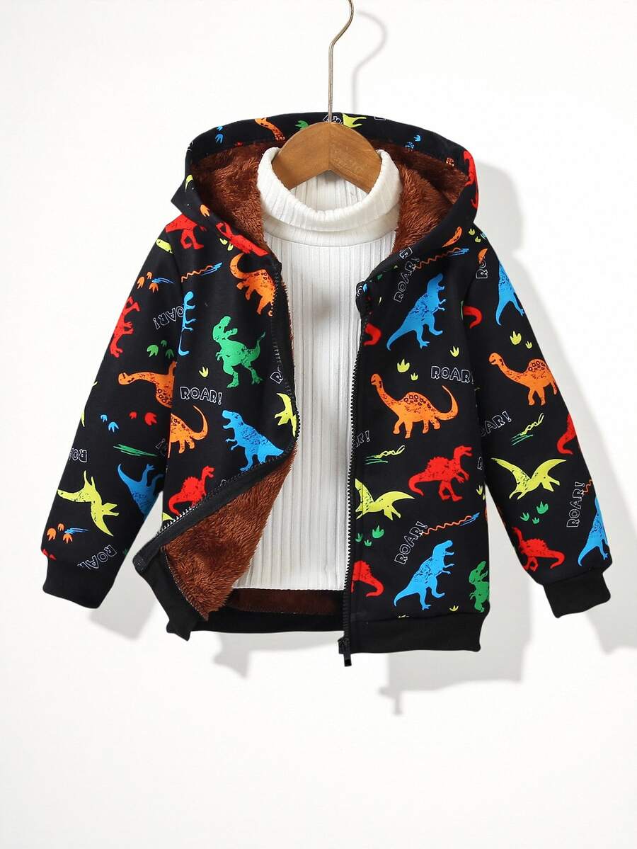 SHEIN Vacaura Young Boy Casual Baby Multi-Color Dinosaur Print Fleece Lined Hooded Jacket, Autumn/Winter