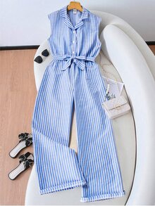 SHEIN Tween Girls Blue And White Striped Short Sleeve Shirt Collar Casual Tropical Elegant Jumpsuit, Loose Leg, Suitable For Spring/Summer Vacation - Blue - View 5